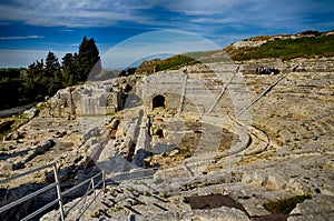 Ancient Greek theater in Syracuse Neapolis, Sicily, Italy