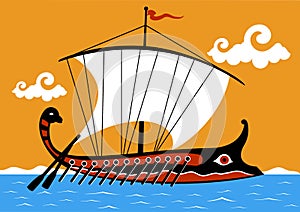 Ancient Greek trireme in the sea. Vector illustration