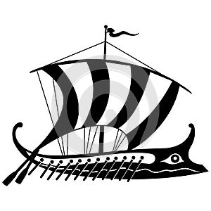 Ancient Greek trireme. Vector black and white illustration