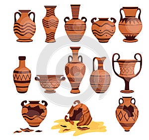 ancient Greek vases set. Logos with Greek antiquity urns. Damaged cracked ancient Greek vases. Old Roman handmade clay