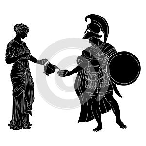 An ancient Greek woman pouring water for a warrior