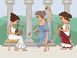 Ancient greek women playing music cartoon