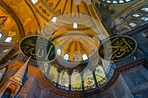 Ancient Hagia Sophia or Aya Sofya is a top landmarks of Istanbul. Vintage interior of Hagia Sophia