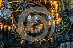 Ancient Hagia Sophia or Aya Sofya is a top landmarks of Istanbul. Vintage interior of Hagia Sophia