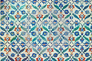 Ancient hand made Turkish - Ottoman tiles in Topkapi Palace. Turkey, Istanbul. Decorative background photo