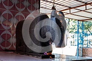 Ancient Handcrafted Nandi Stone Sculptures symbolic ride companion on Lord Shiva, Ekeshwar Mahadev Temple, Pauri Garhwal