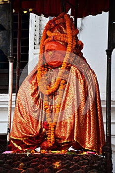 Ancient Hanuman idol deity angel statue at antique building Hanuman Dhoka Royal Palace at Basantapur Katmandu for nepali people