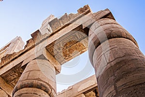 Ancient heiroglyphics on the pillars of Karnak Temple