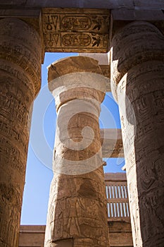 Ancient heiroglyphics on the pillars of Karnak Temple