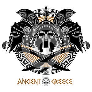 Ancient Hellenic helmet, two crossed ancient Greek swords and greek ornament meander