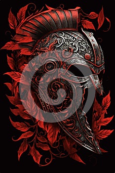Ancient Hellenic Spartan helmet, red ancient Greek with foliage, laurel wreath and Greek ornament meander, isolated on black photo