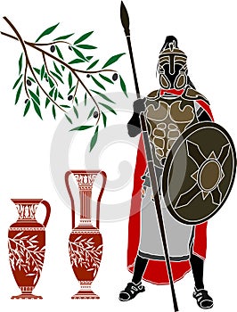 Ancient hellenic warrior and jugs photo