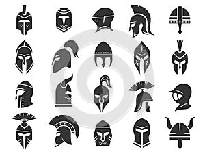 Ancient helmets. Medieval warrior knight helm armor, black silhouettes of gladiator viking crusader spartan headgear