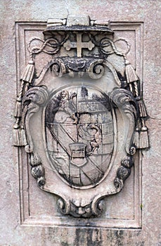 Ancient heraldic coat of arms on one of the pillars in the Mirabell Gardens. Salzburg, Austria