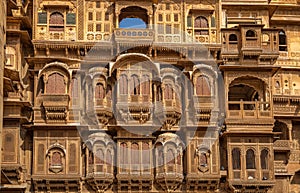 Ancient heritage building at Rajasthan with intricate artwork known as Patwon Ki Haveli at Jaisalmer India