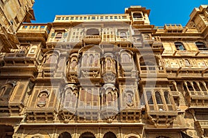 Ancient heritage building at Rajasthan with intricate artwork known as Patwon Ki Haveli at Jaisalmer India