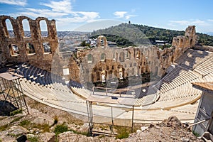 Ancient herodes atticus theater amphitheater of Acropolis of Athens, landmark of Greece