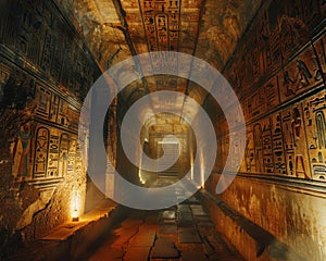 Ancient hieroglyphics illuminated in a pharaohs tomb secrets of Egypt whispered across millennia photo