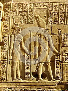 Ancient hieroglyphics on the wall of Kom Ombo temple
