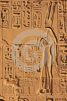 Ancient hieroglyphics on the walls of Karnak temple complex, Lux