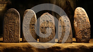 Ancient hieroglyphs and symbols on stone tablets