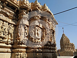 Ancient hindu temple of north india. Stone carved statues, idols and designs. Erotic artwork on temple walls.