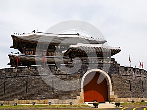 Ancient historic city wall main entrance gate of the UNESCO heritage site, Suwon, South Korea