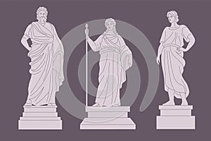 Ancient historic monuments classical greece culture, greek statue roman set. Cartoon antique statues.