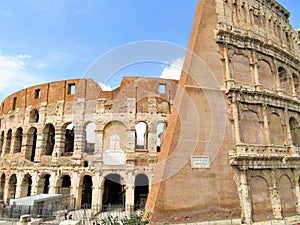 Ancient, historic ruins of the Colosseum walls in Rome, Italy