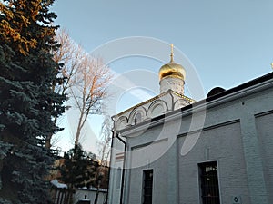 Ancient historical building of orthodox church cathedral in Moscow centre Simonov monastery