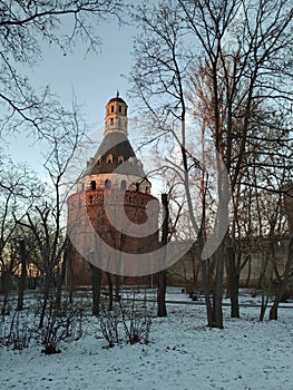 Ancient historical building of orthodox church cathedral in Moscow centre Simonov monastery