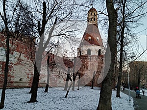 Ancient historical building of orthodox church cathedral in Moscow centre Simonov monastery