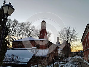 Ancient historical building of orthodox church cathedral in Moscow centre Simonov monastery