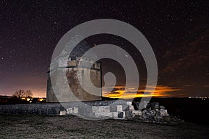 Ancient historical mausoleums complex of of the 16th century at starry night. District of Shemakhy city, Azerbaijan