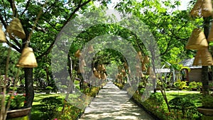 Ancient historical old complex. Culture A national architectural feature. Tropical park trees. visual journey. Park Dao