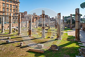 Ancient historical Traian Forum with column ruins in Rome