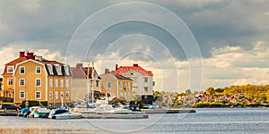 Ancient houses with boats in Karlskrona, Sweden