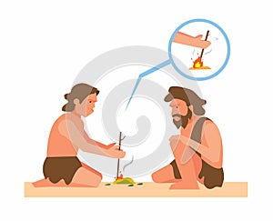 Ancient human making fire from rubbing twig illustration vector