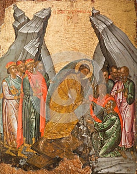 Ancient icon of the Resurrection - Descent into Hell, the Anastasis. 17th cent. Cretan workshop