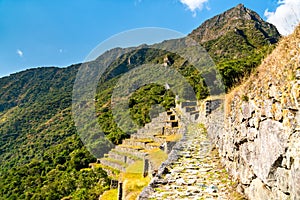 Ancient Incan terraces of Machu Picchu in Peru