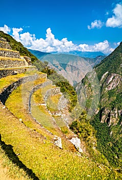 Ancient Incan terraces of Machu Picchu in Peru