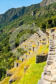 Ancient Incan terraces of Machu Picchu in Peru