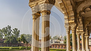 Ancient Indian architecture. An open pavilion with arches and carved columns