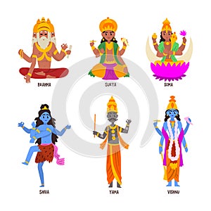 Ancient Indian Hindu Gods and Deity with Brahma, Surya, Soma, Shiva, Yama and Vishnu Vector Set