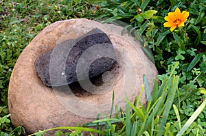 Ancient Indian Metate in Garden Setting