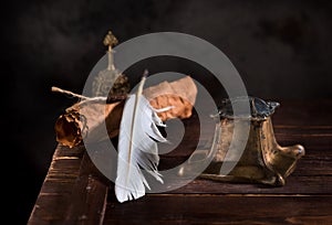 Ancient Inkwell, feather pen and old paper