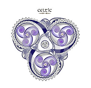 Ancient Irish symbol. Ethnic magic sign. Celtic knot pattern. Triple trickle Celtic spiral ornament. Old triskele vintage. Print