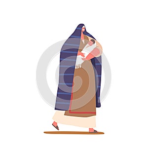 Ancient Israelite Woman Holding Newborn Baby In Arms Isolated on White Background. Female Character and Baby