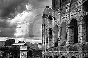 The ancient Italian city of Rome, famous historic buildings, the Colosseum, black and white photography, Tyndall rays