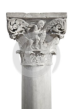 Ancient italian medieval marble column and capitals isolated on white for easy selection